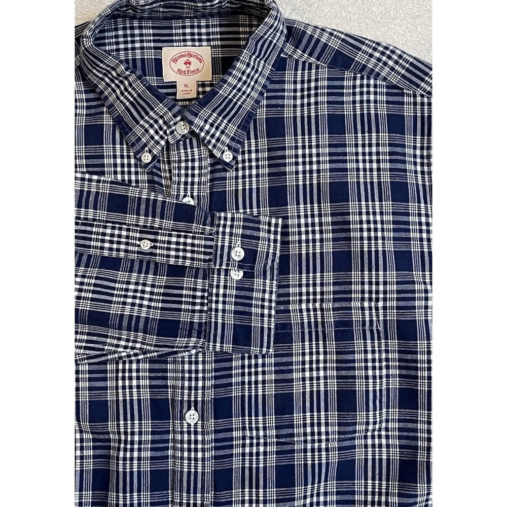 Brooks‎ Brothers Red Fleece XL Linen Blend Blue/White Glen Check Plaid Oxford